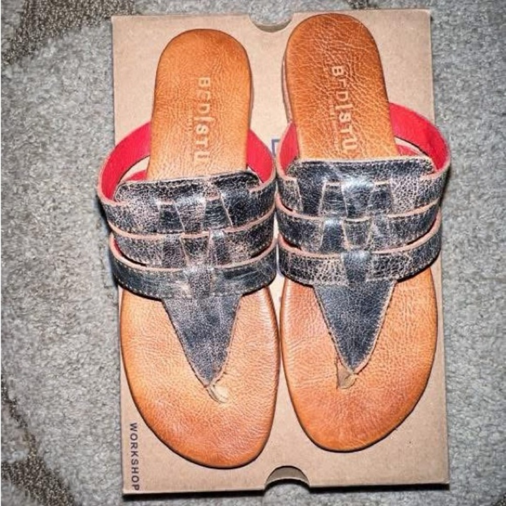 Bed Stu Black and Tan Leather Sandals